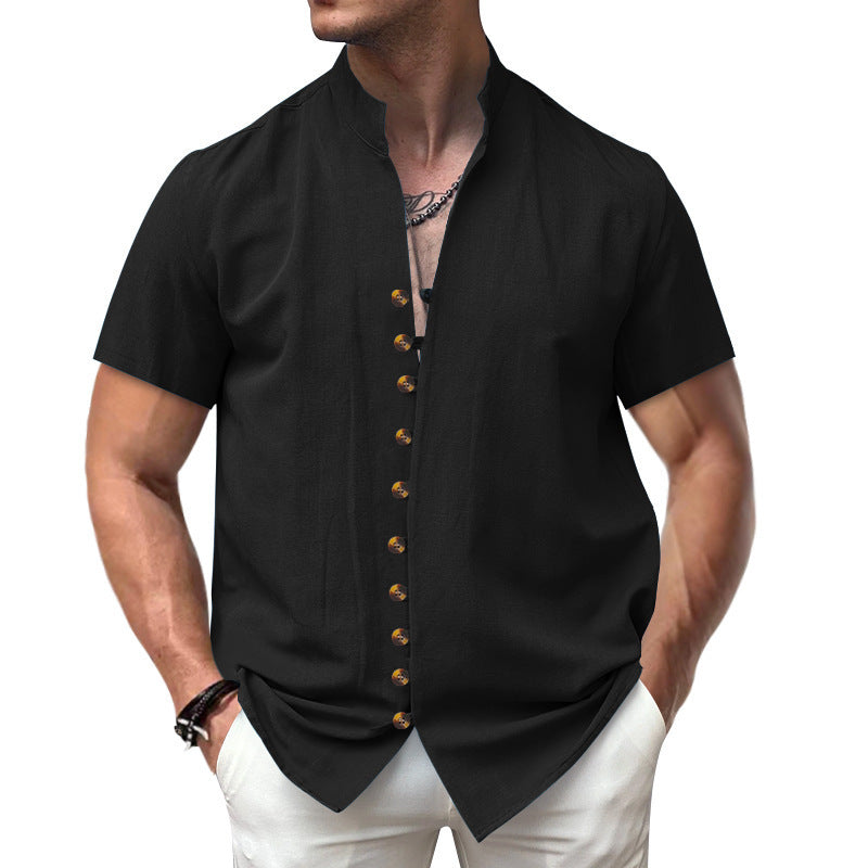 Men's - Short Sleeve Stand Collar Shirt - Linen Blend