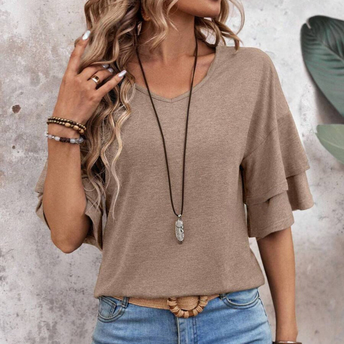 Women's - V-Neck Half Sleeve Blouse - Soft Fabric - Stylish Top