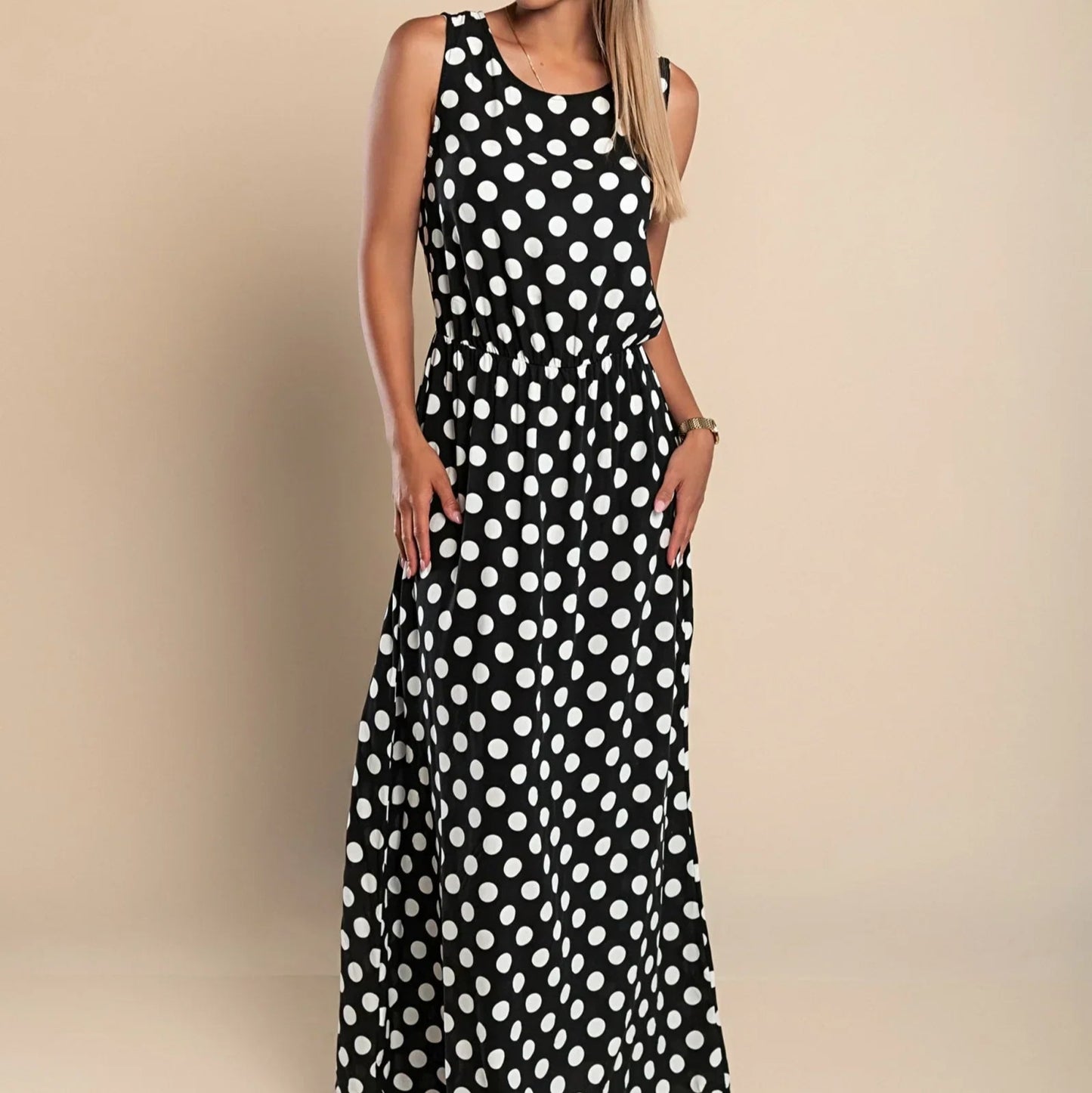 Women's - Polka Dot Maxi Dress - Breezy Cotton Blend - Stylish Summer Fashion - Perfect for Any Occasion