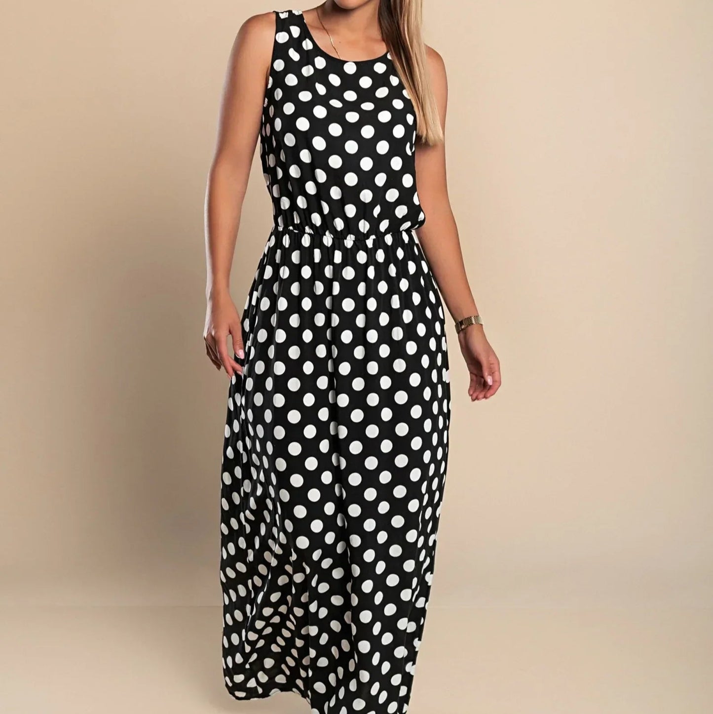 Women's - Polka Dot Maxi Dress - Breezy Cotton Blend - Stylish Summer Fashion - Perfect for Any Occasion