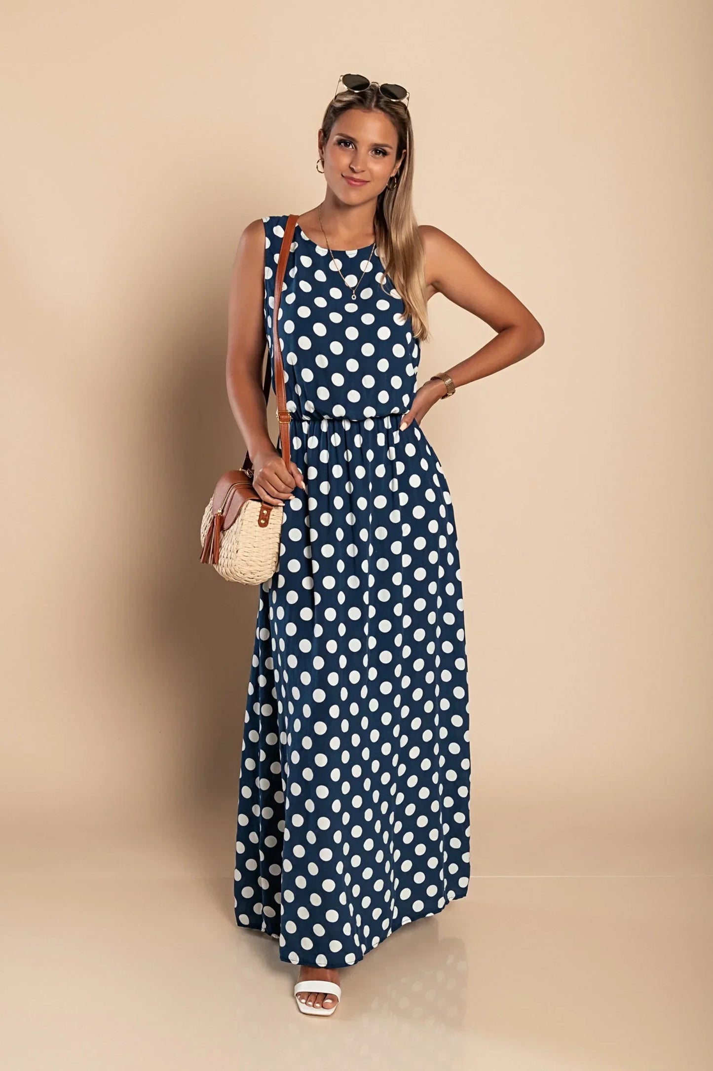 Women's - Polka Dot Maxi Dress - Breezy Cotton Blend - Stylish Summer Fashion - Perfect for Any Occasion
