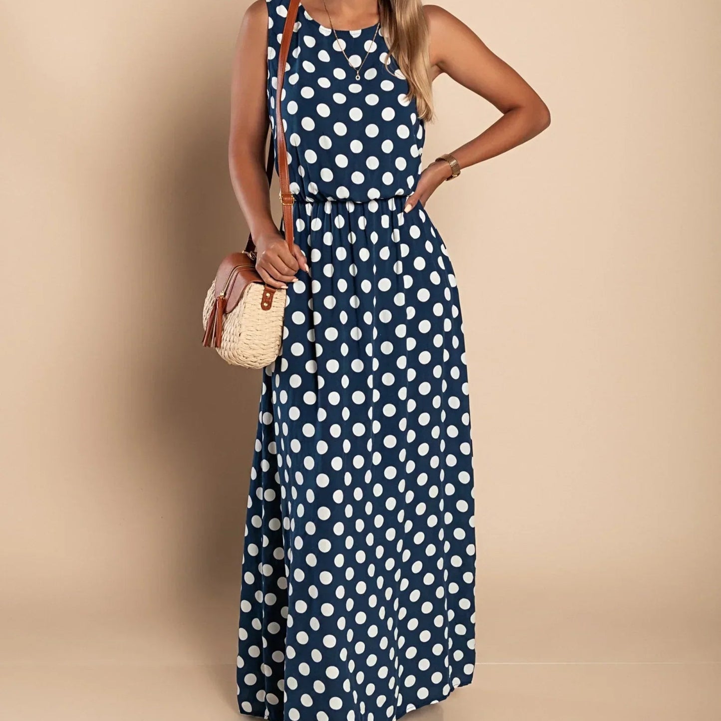 Women's - Polka Dot Maxi Dress - Breezy Cotton Blend - Stylish Summer Fashion - Perfect for Any Occasion