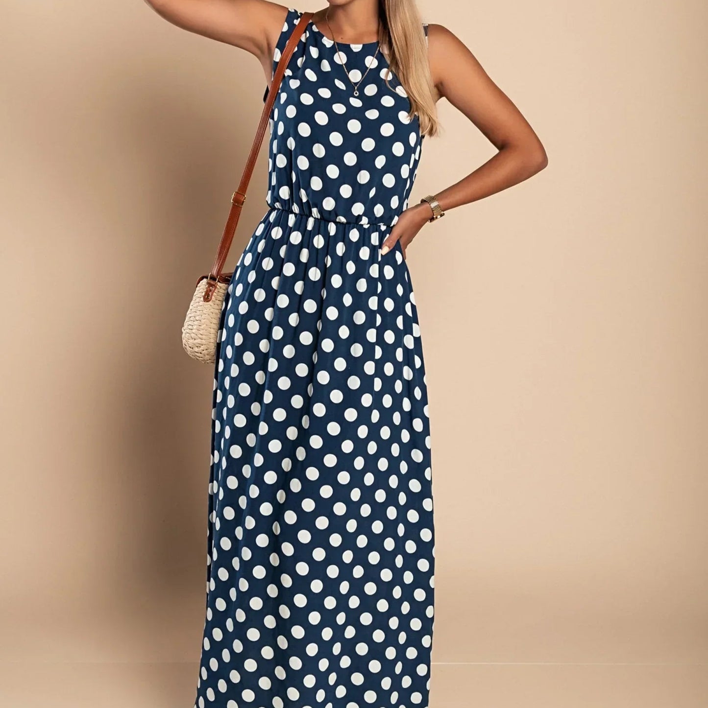 Women's - Polka Dot Maxi Dress - Breezy Cotton Blend - Stylish Summer Fashion - Perfect for Any Occasion