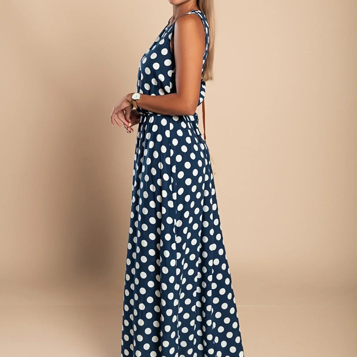 Women's - Polka Dot Maxi Dress - Breezy Cotton Blend - Stylish Summer Fashion - Perfect for Any Occasion