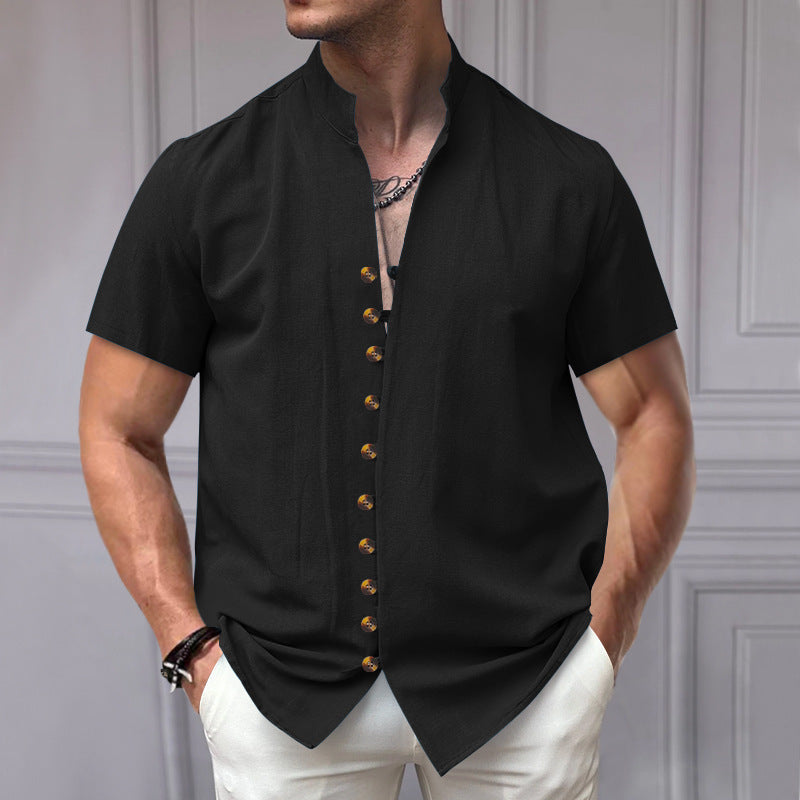 Men's - Short Sleeve Stand Collar Shirt - Linen Blend