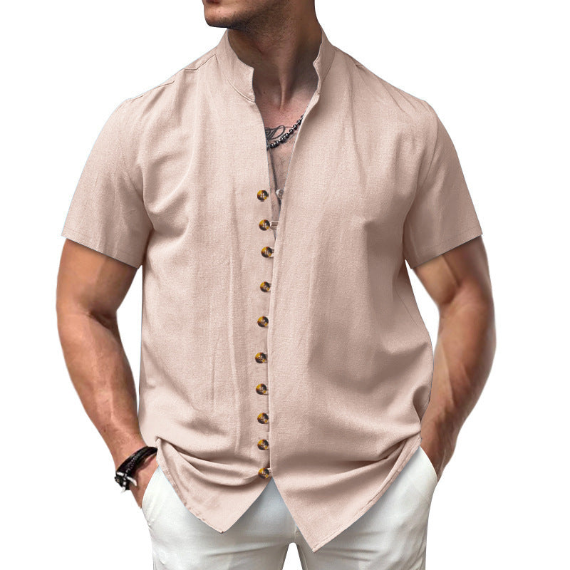 Men's - Short Sleeve Stand Collar Shirt - Linen Blend