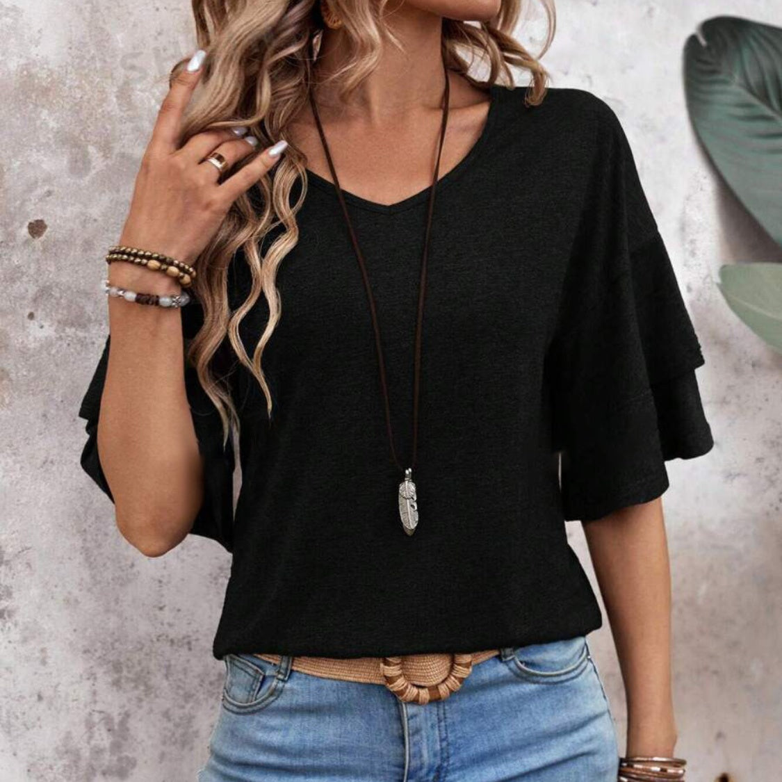 Women's - V-Neck Half Sleeve Blouse - Soft Fabric - Stylish Top