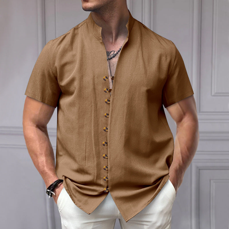 Men's - Short Sleeve Stand Collar Shirt - Linen Blend