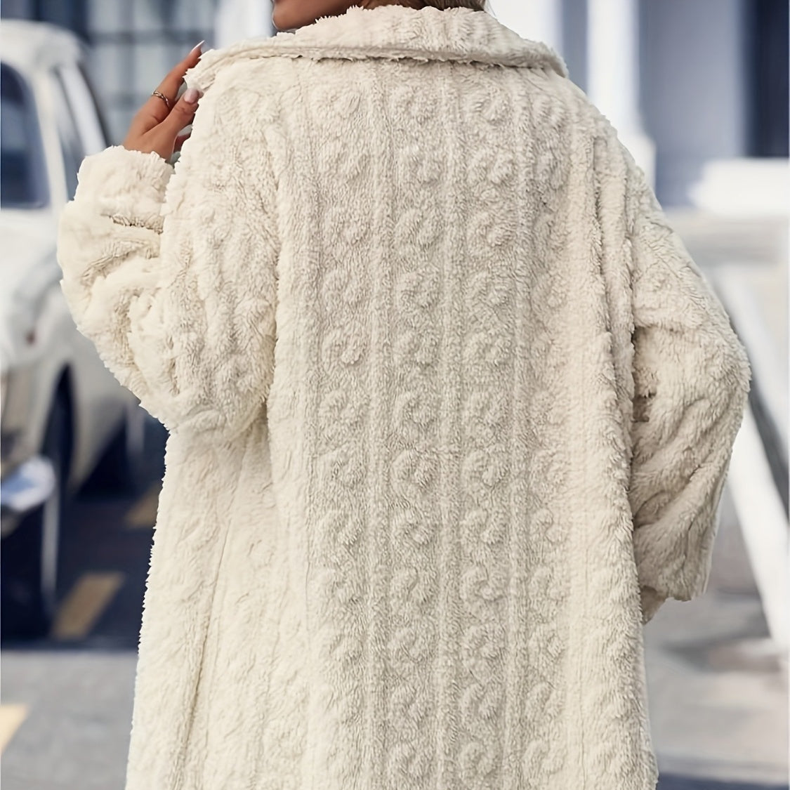 Women's - Fuzzy Longline Coat - Button Up, Long Sleeve, Cosy Style