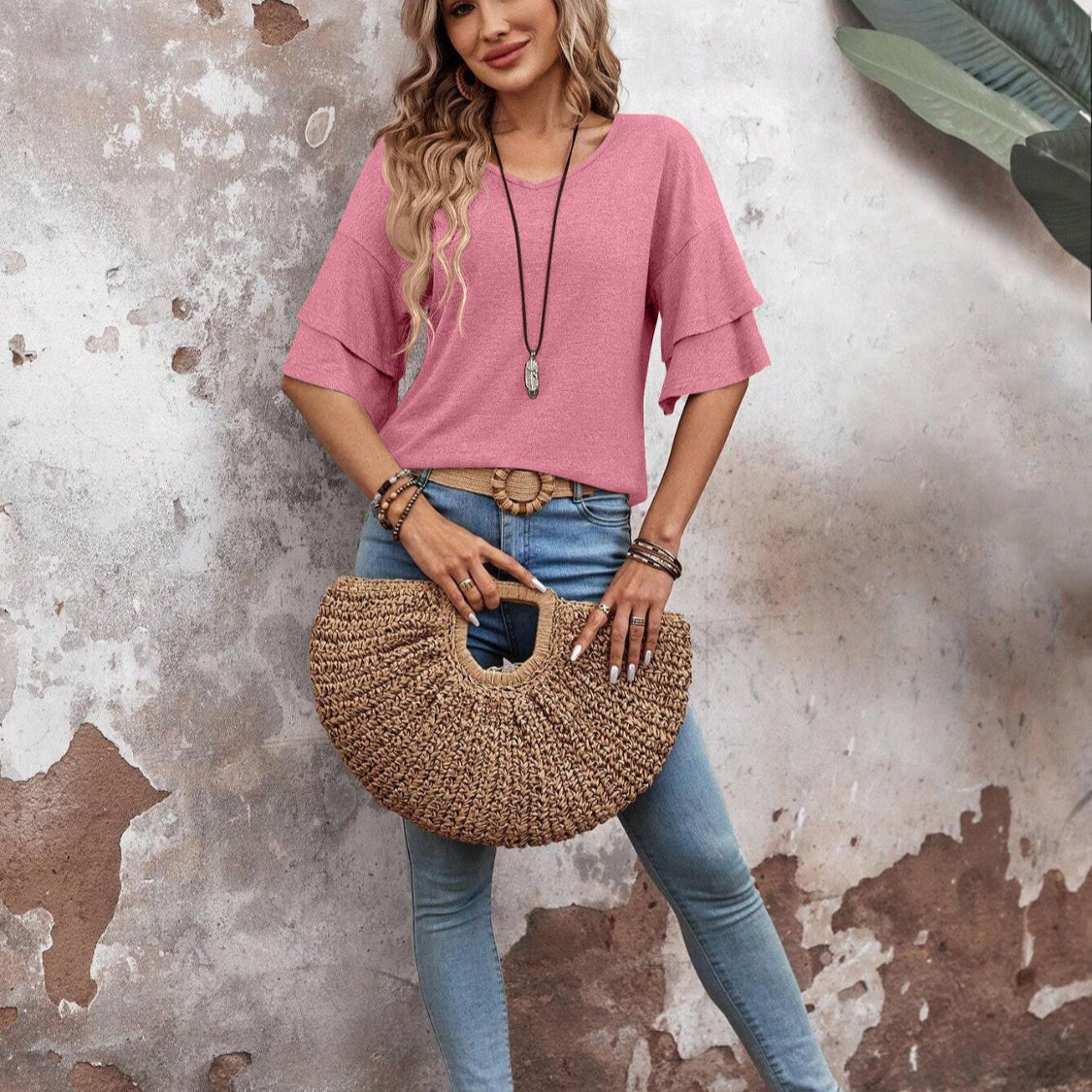 Women's - V-Neck Half Sleeve Blouse - Soft Fabric - Stylish Top