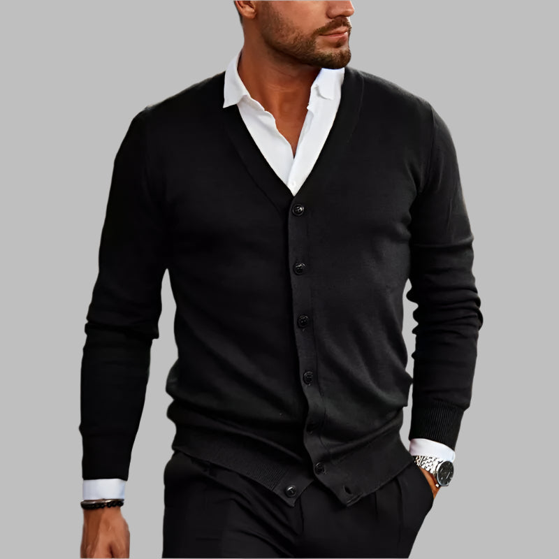 Men's - Slim Fit Cardigan - V-Neck Button Ribbed Hem