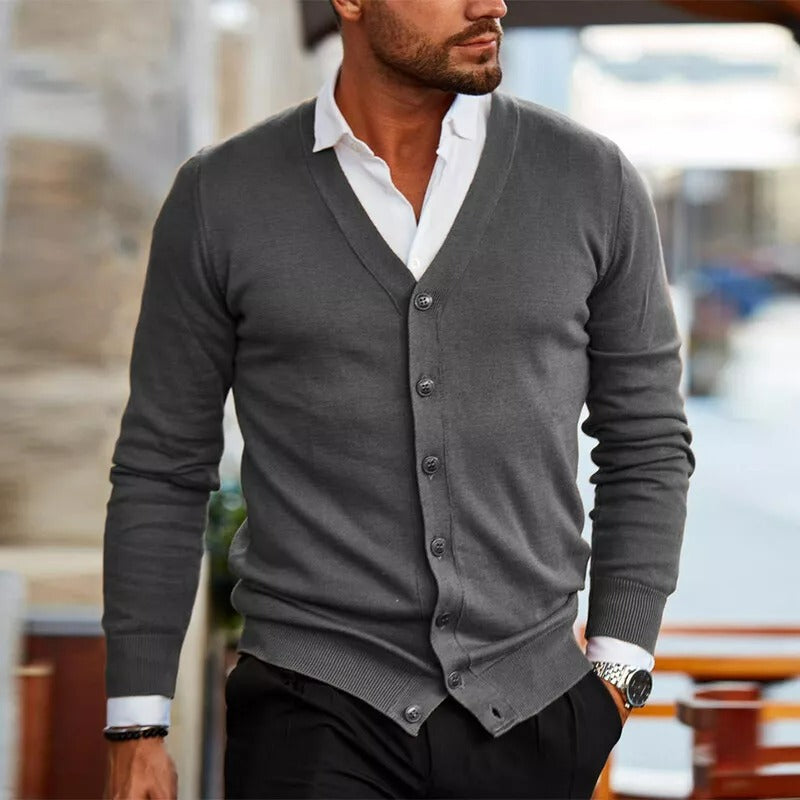 Men's - Slim Fit Cardigan - V-Neck Button Ribbed Hem