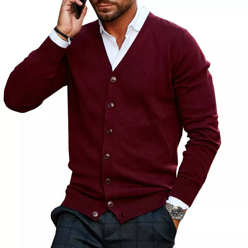 Men's - Slim Fit Cardigan - V-Neck Button Ribbed Hem