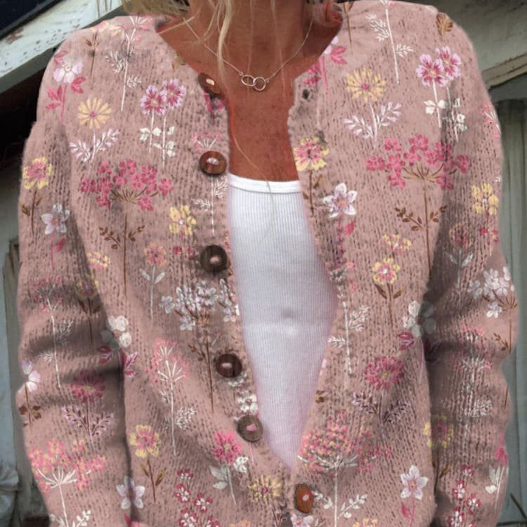 Women - Cardigan - Floral Knit - Round Neck