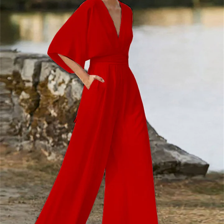 Women's - V-neck Jumpsuit - Wide Leg Design