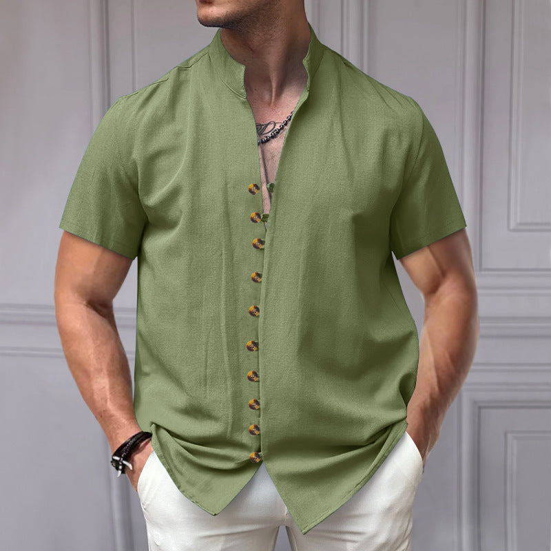 Men's - Short Sleeve Stand Collar Shirt - Linen Blend