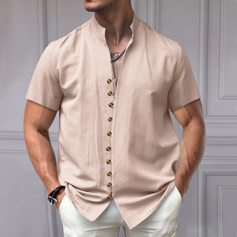Men's - Short Sleeve Stand Collar Shirt - Linen Blend