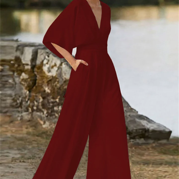 Women's - V-neck Jumpsuit - Wide Leg Design
