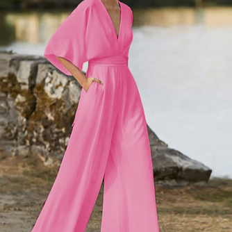Women's - V-neck Jumpsuit - Wide Leg Design