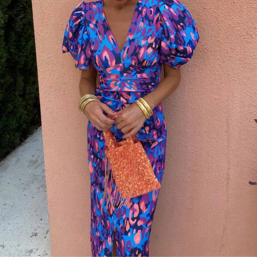 Women's - Casual V-Neck Puff Sleeve Dress - Floral Patterns
