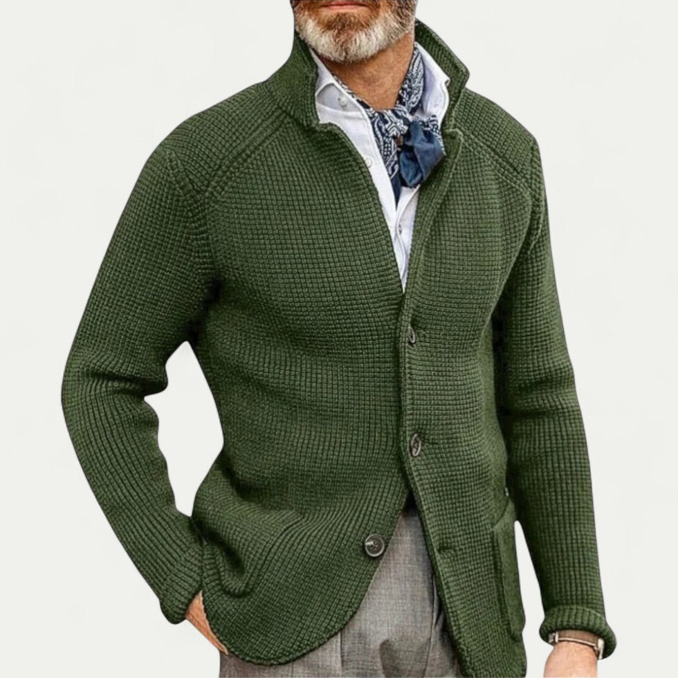 Men's - Textured Knit Cardigan - Stand Collar