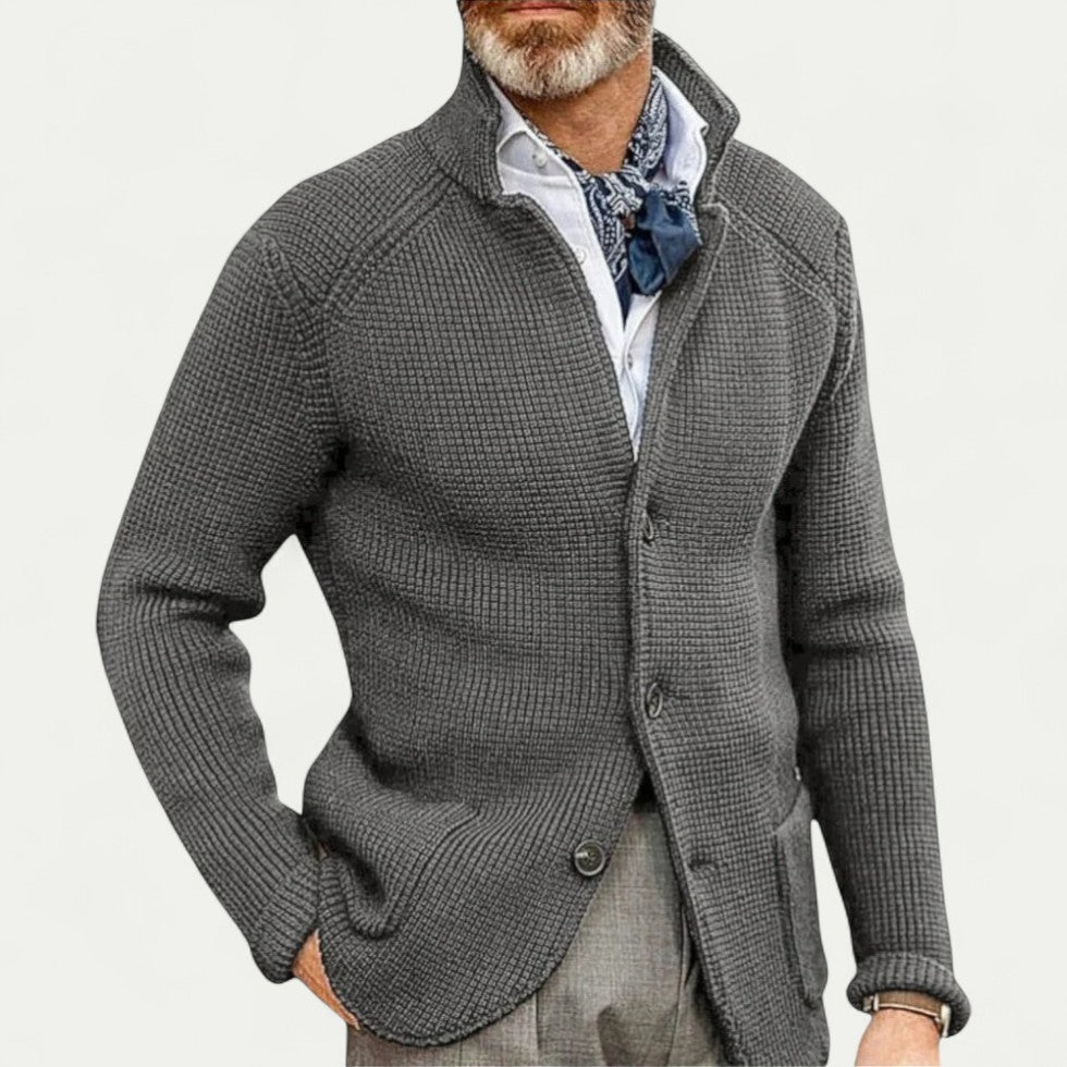 Men's - Textured Knit Cardigan - Stand Collar