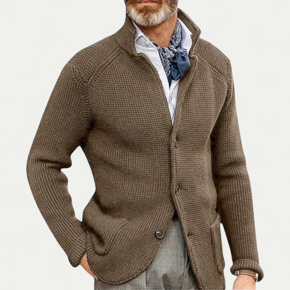 Men's - Textured Knit Cardigan - Stand Collar