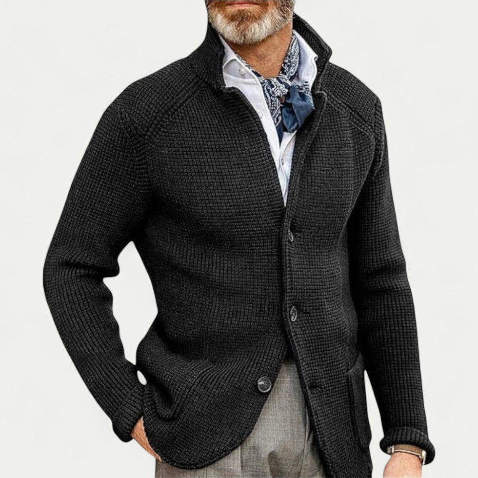 Men's - Textured Knit Cardigan - Stand Collar