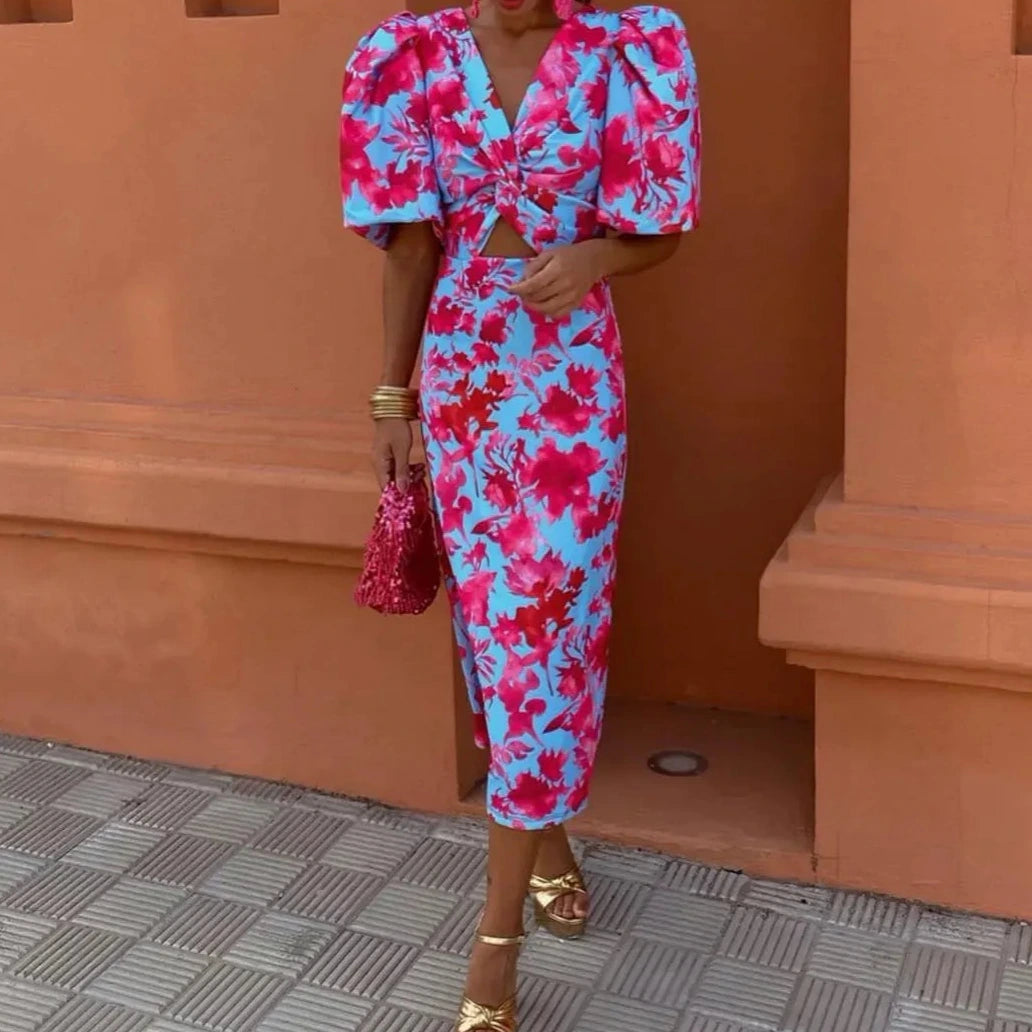 Women's - Casual V-Neck Puff Sleeve Dress - Floral Patterns