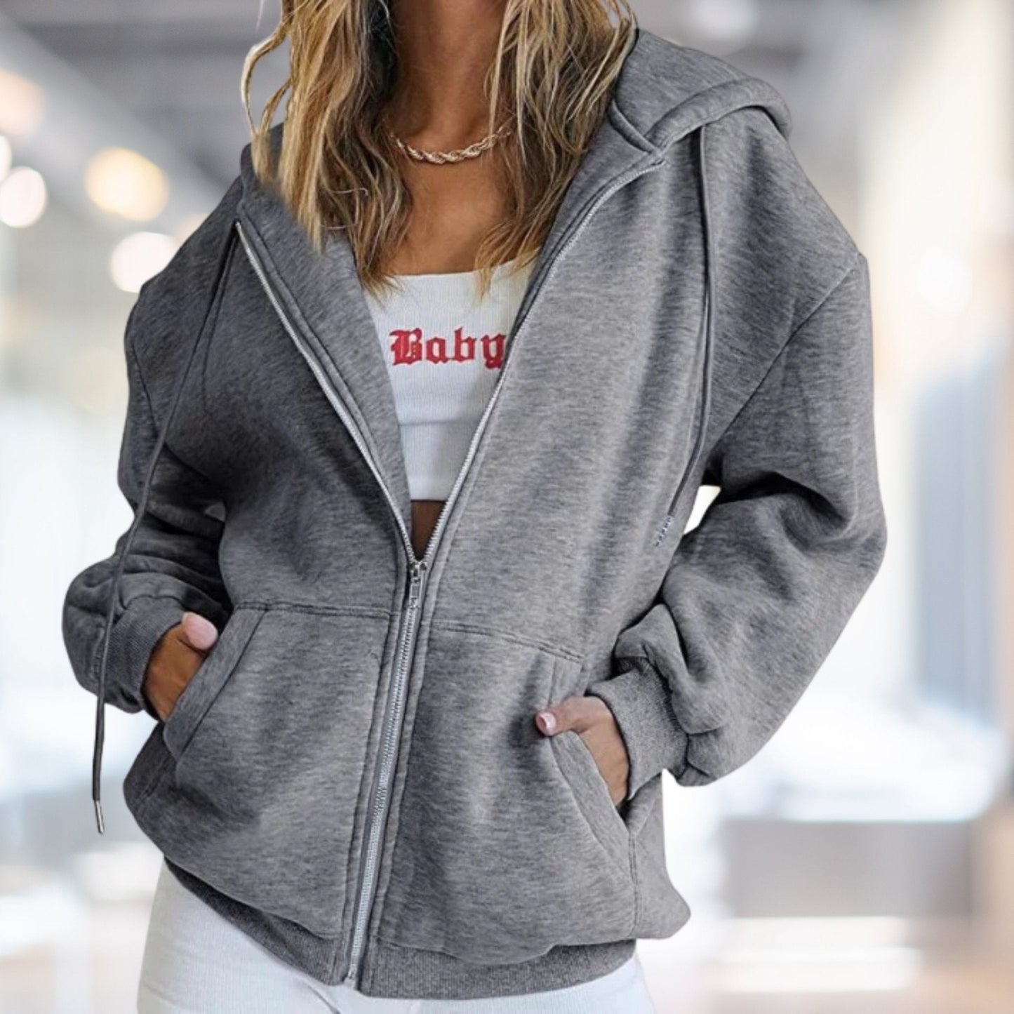 Women's - Zip-Up Hoodie - Oversized Fit - Casual Streetwear Style