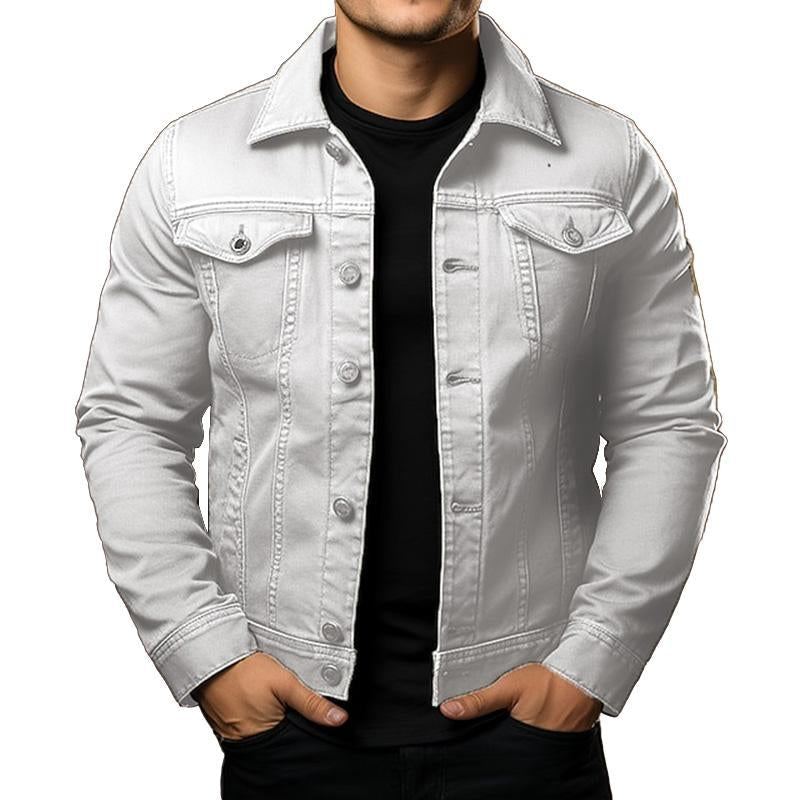 Men's - Denim Jacket - Solid Colour, Lapel, Single Breasted - Cargo Denim Jacket