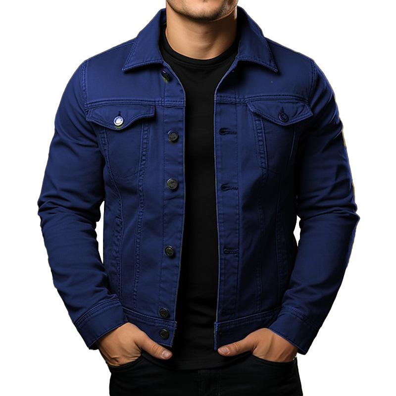 Men's - Denim Jacket - Solid Colour, Lapel, Single Breasted - Cargo Denim Jacket