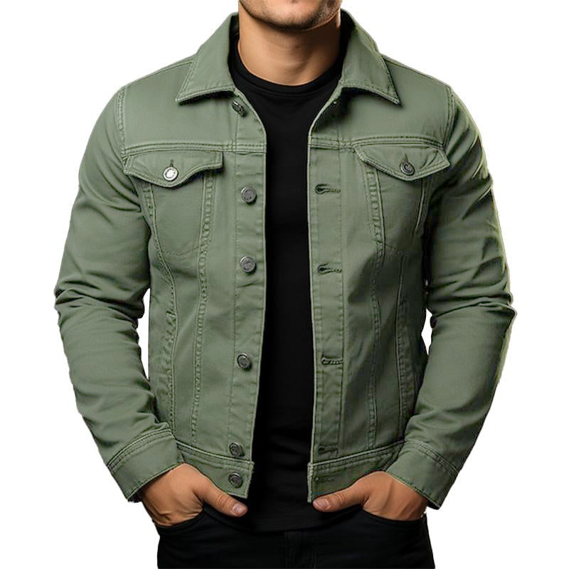 Men's - Denim Jacket - Solid Colour, Lapel, Single Breasted - Cargo Denim Jacket