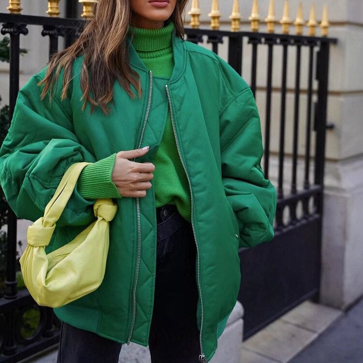Women's - Oversized Bomber Jacket - Stylish Transition Outerwear