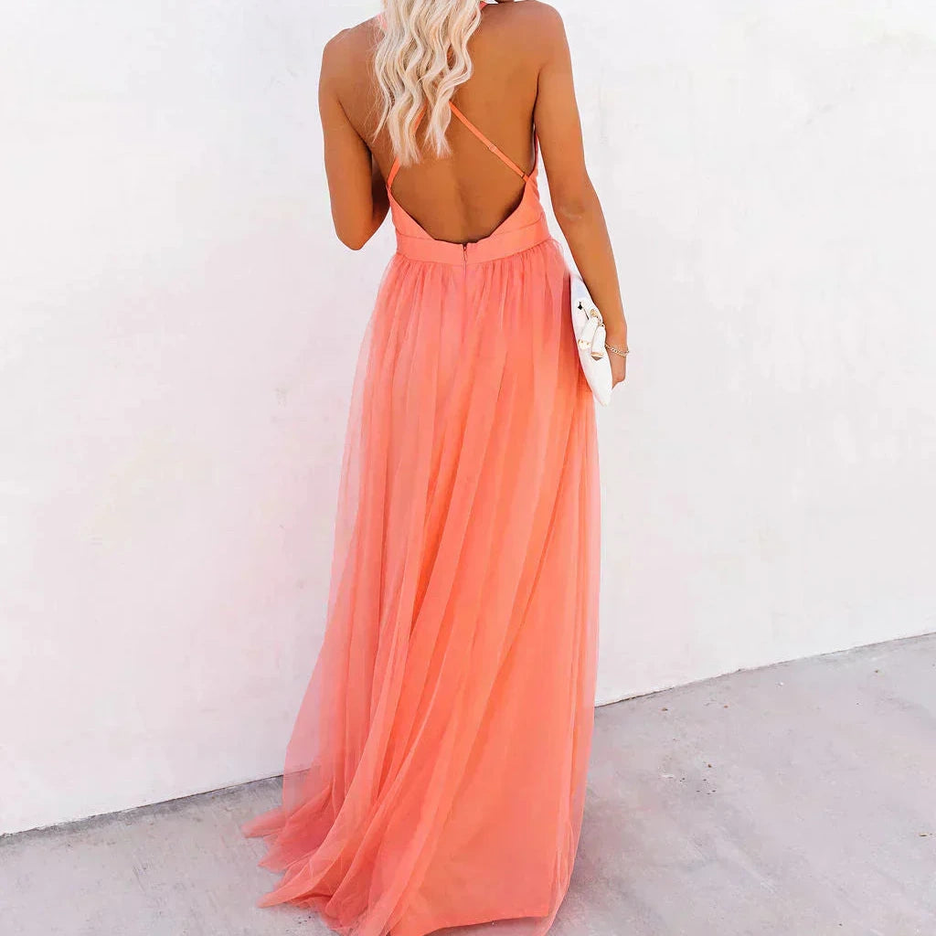 Women's - Long V-Neck Chiffon Dress - Elegant Style