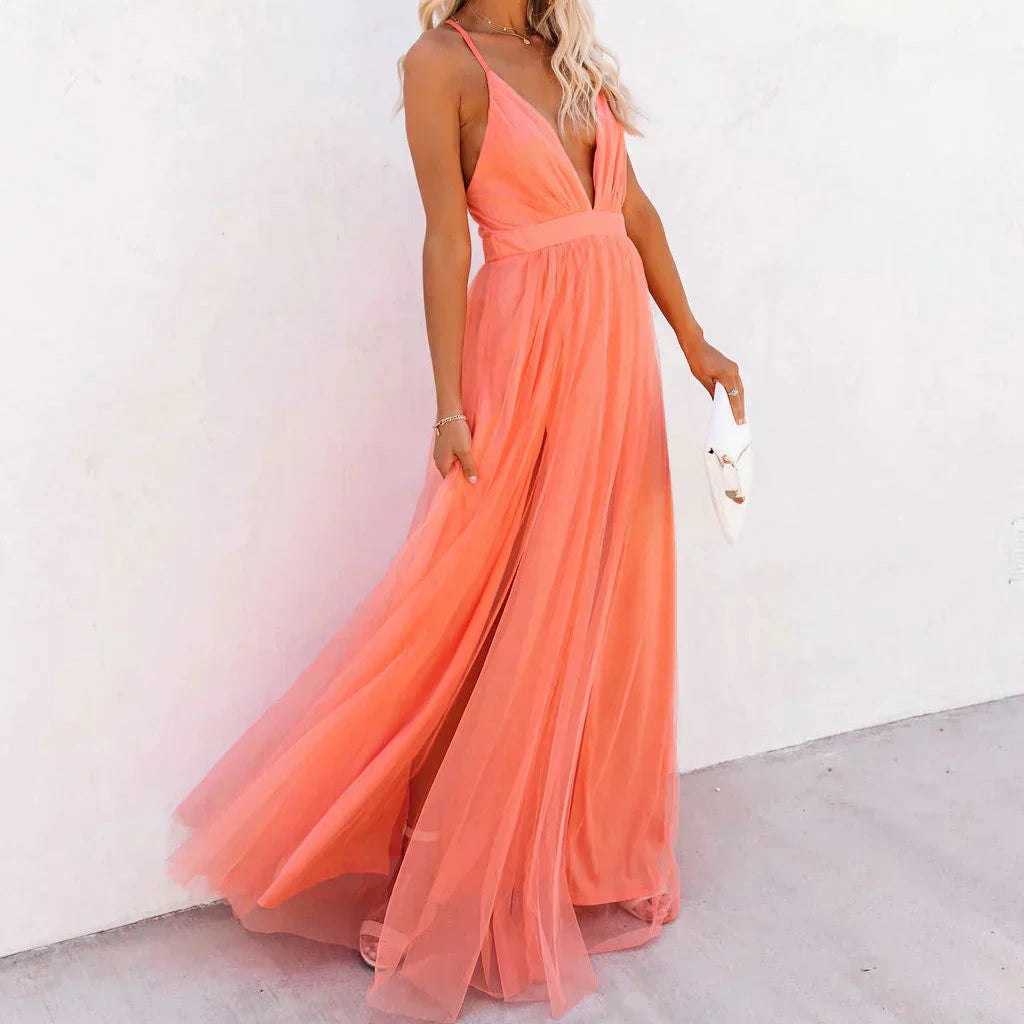 Women's - Long V-Neck Chiffon Dress - Elegant Style