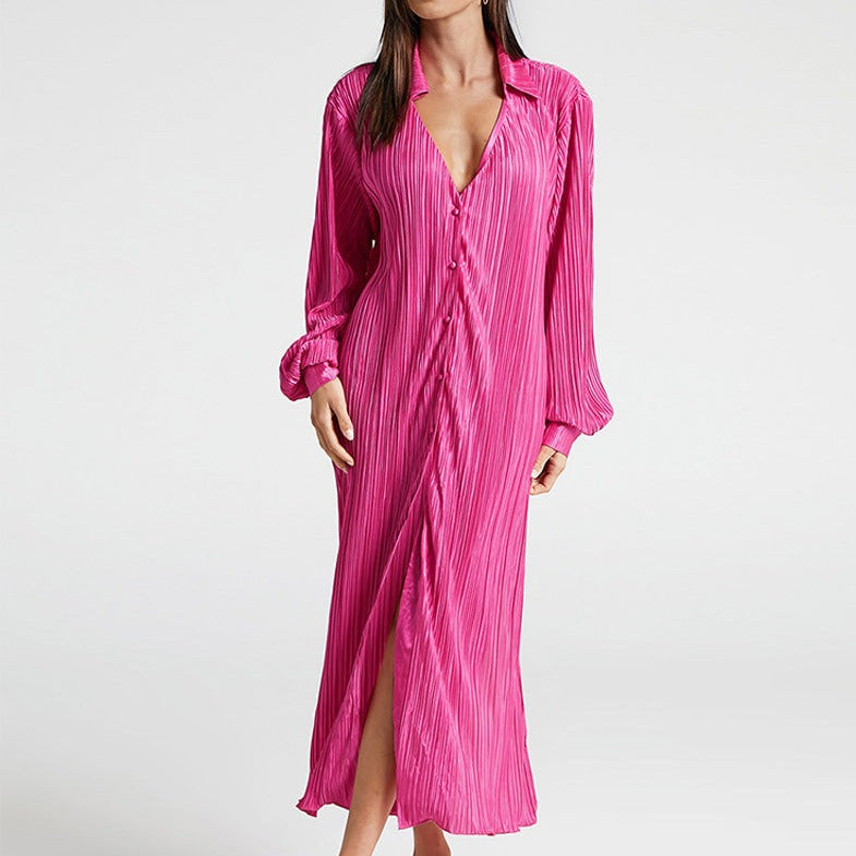 Women's - Pleated Long Dress - Elegant Style