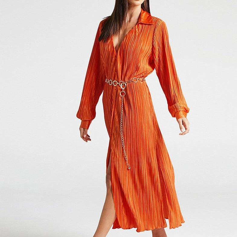 Women's - Pleated Long Dress - Elegant Style