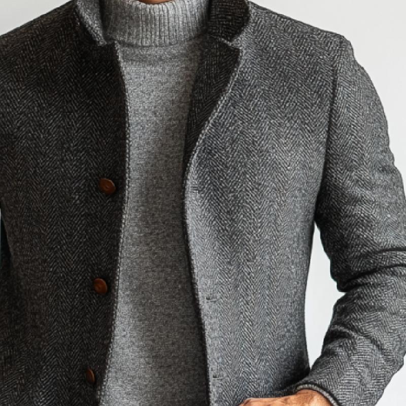 Men's - Mid-Length Coat - Herringbone Wool, Single-Breasted - Wool Coat