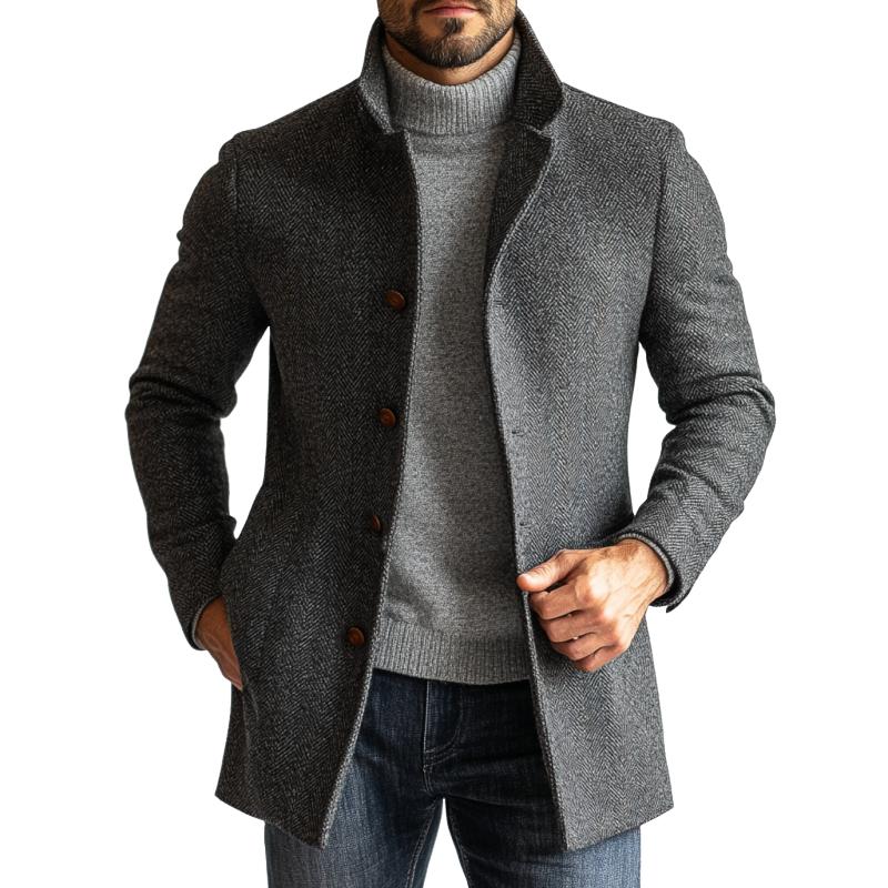 Men's - Mid-Length Coat - Herringbone Wool, Single-Breasted - Wool Coat