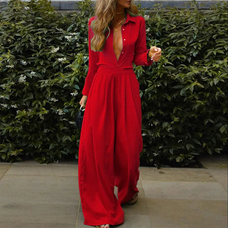 Women's - Buttoned Jumpsuit - Elastic Waist