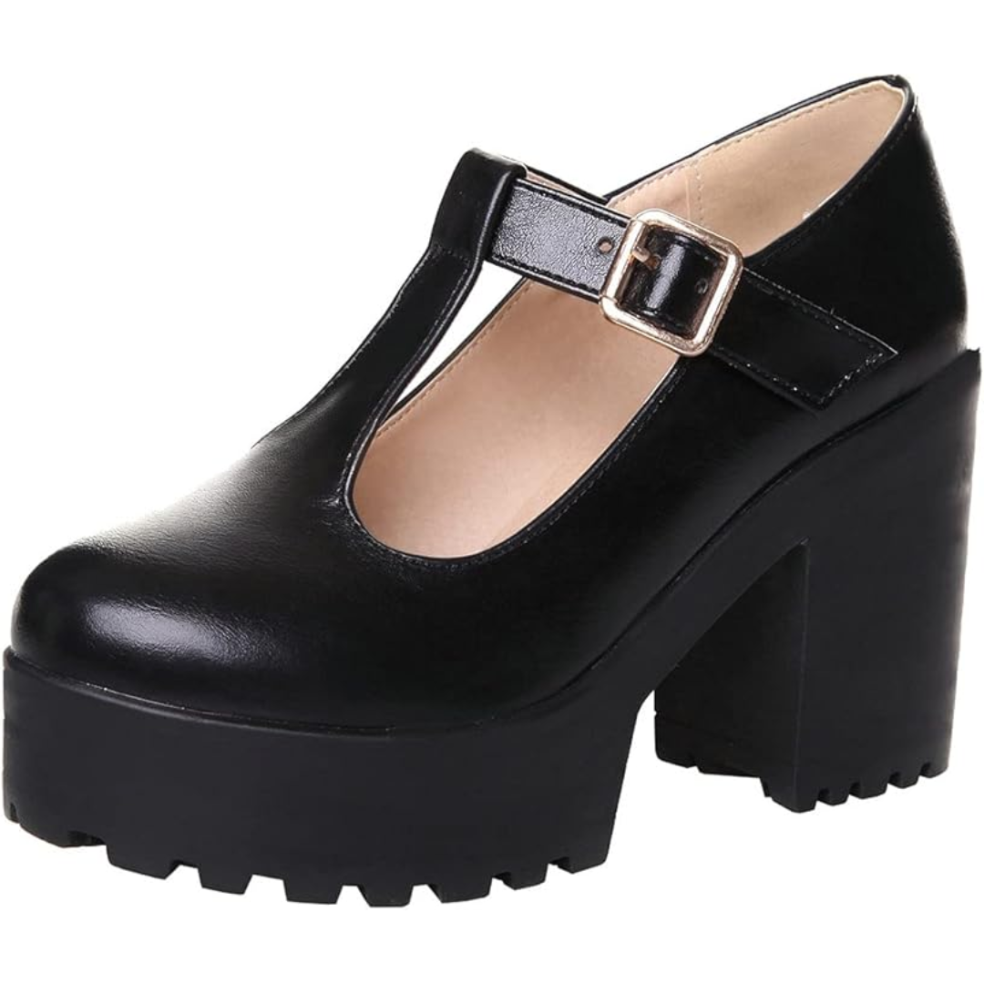 Women's - T-Strap Chunky Platform Heels - Stylish & Comfortable