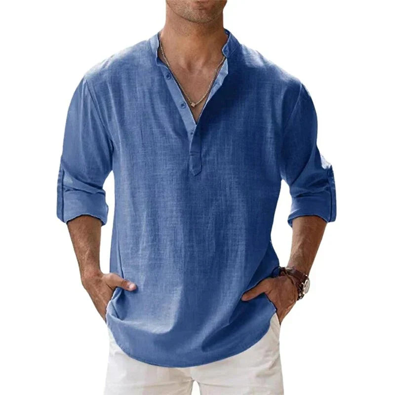 Men’s - Long Sleeve Linen Shirt – Chino Collar