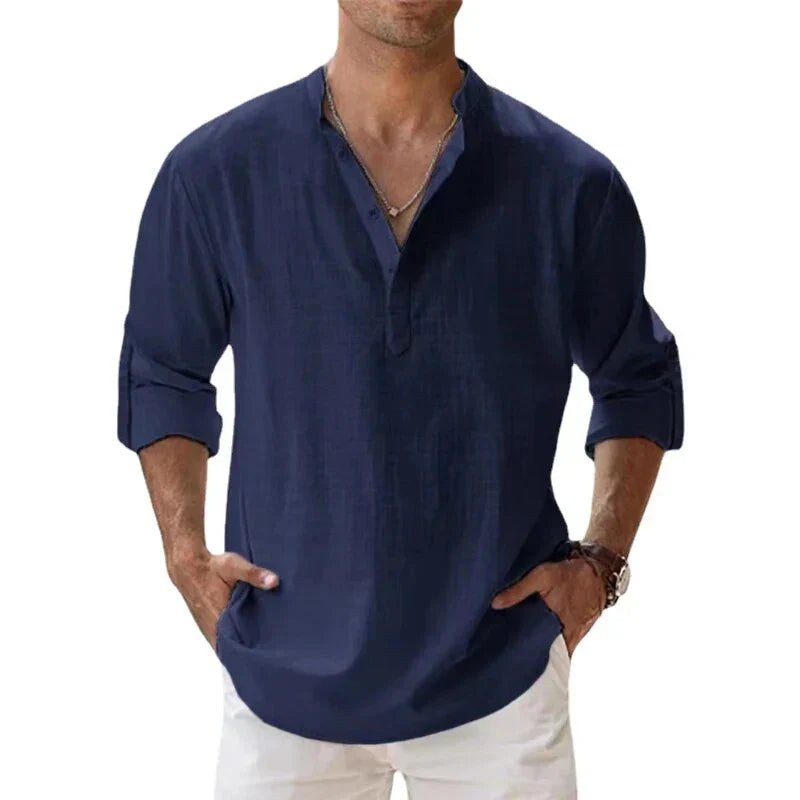 Men’s - Long Sleeve Linen Shirt – Chino Collar