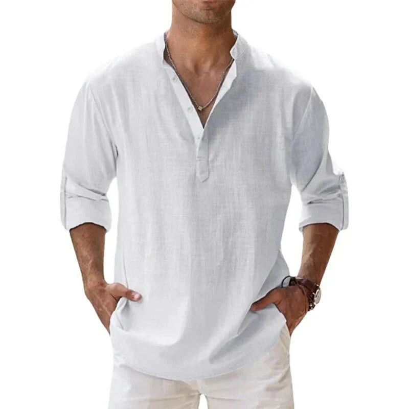 Men’s - Long Sleeve Linen Shirt – Chino Collar
