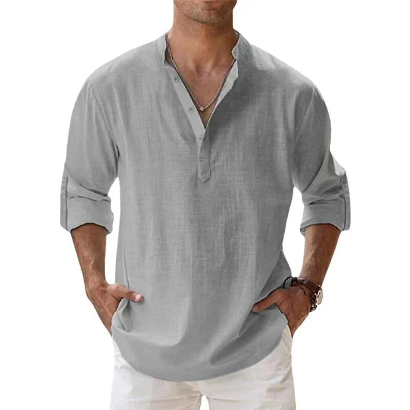 Men’s - Long Sleeve Linen Shirt – Chino Collar