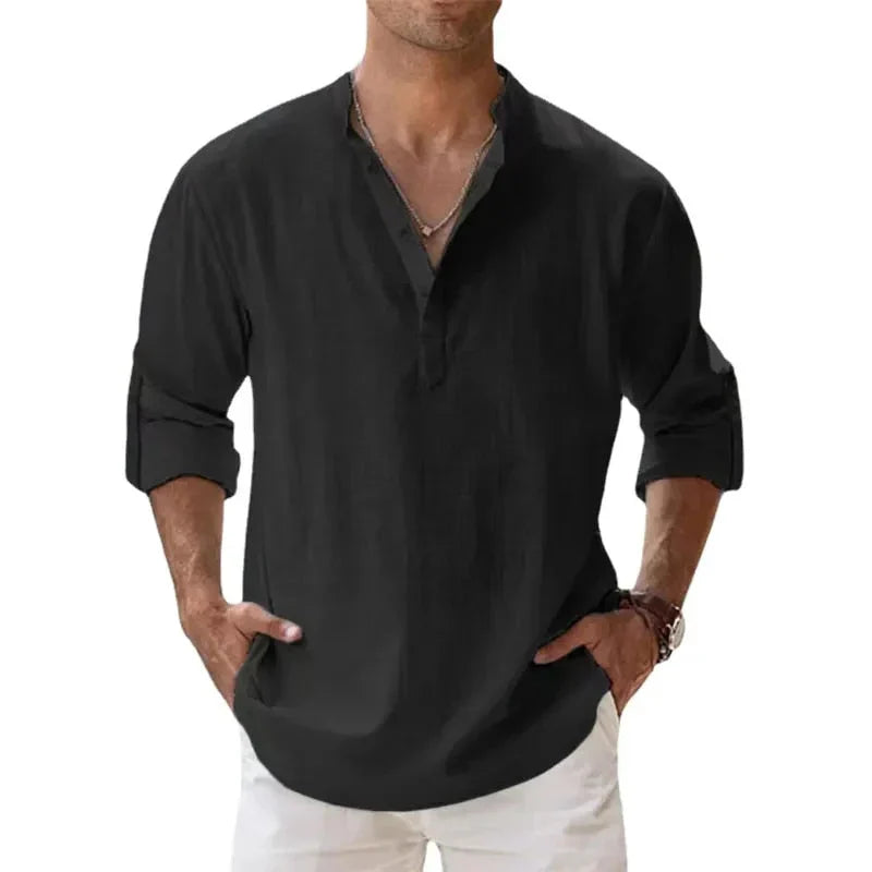 Men’s - Long Sleeve Linen Shirt – Chino Collar