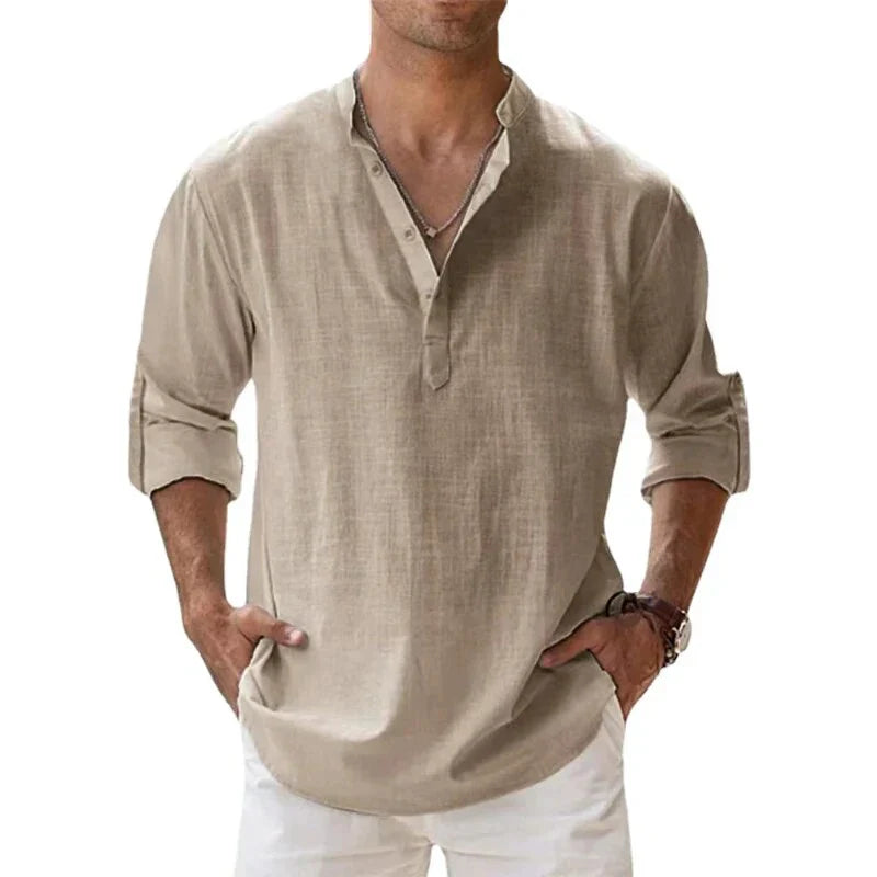 Men’s - Long Sleeve Linen Shirt – Chino Collar