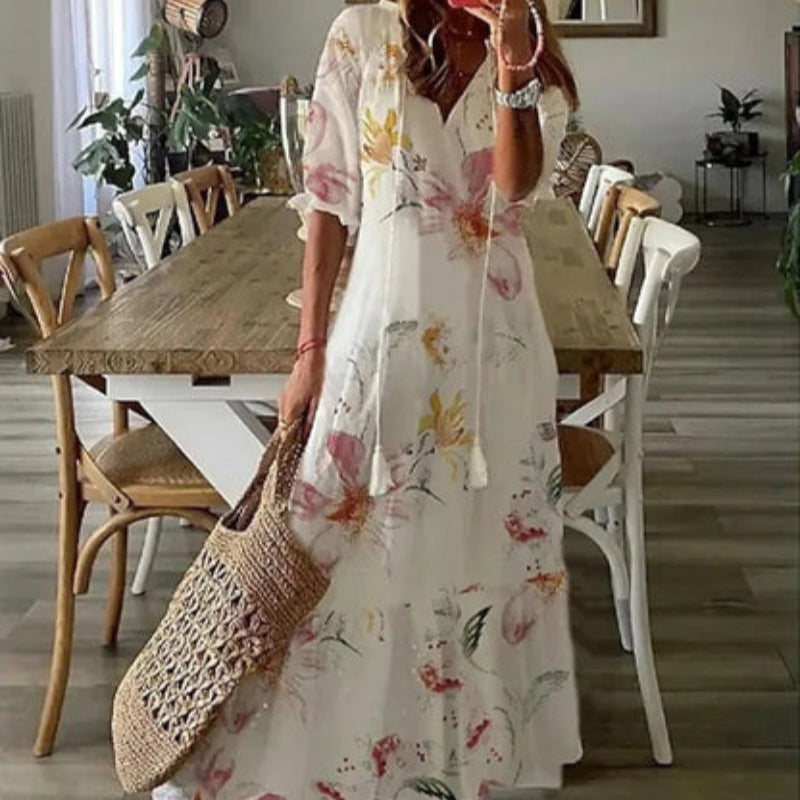 Women's - Boho Vintage V-Neck Floral Dress - Elegant Design