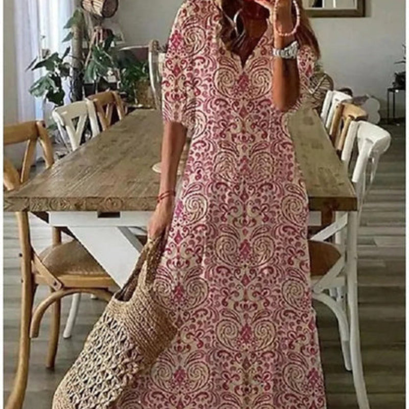 Women's - Boho Vintage V-Neck Floral Dress - Elegant Design